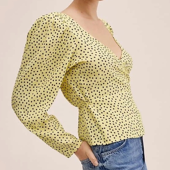 Mango Tops - Mango Wrap Blouse Top Yellow Black Polka Dot 4